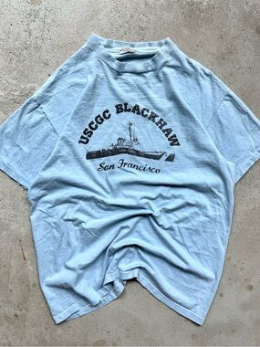 Vintage 70s USCGC Blackhawk Blue Military Boat Men’s Graphic Tee XL 21.5x27